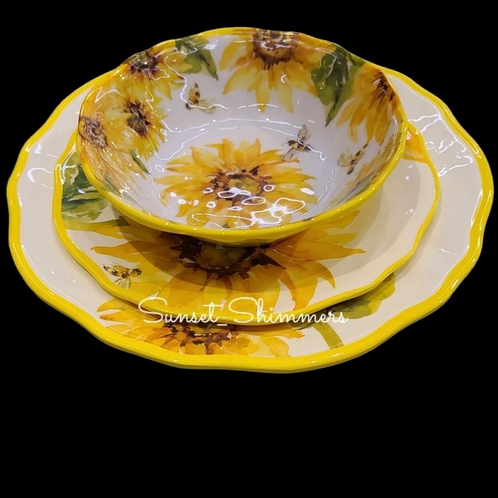 12pc Tuscan Sunflower Honey Bee Melamine Dinner Salad App Dessert Plate Set New